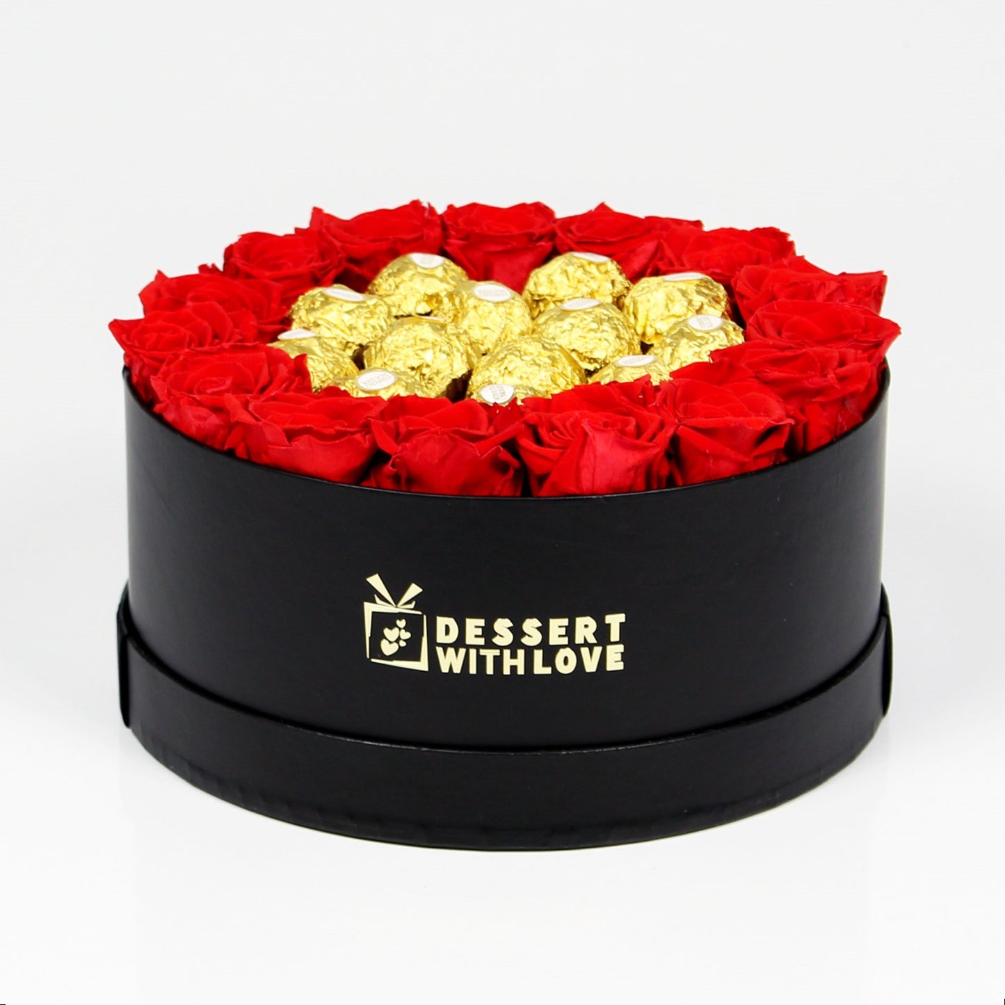 BLACK ROUND BOX | FERRERO ROCHER & RED ROSES