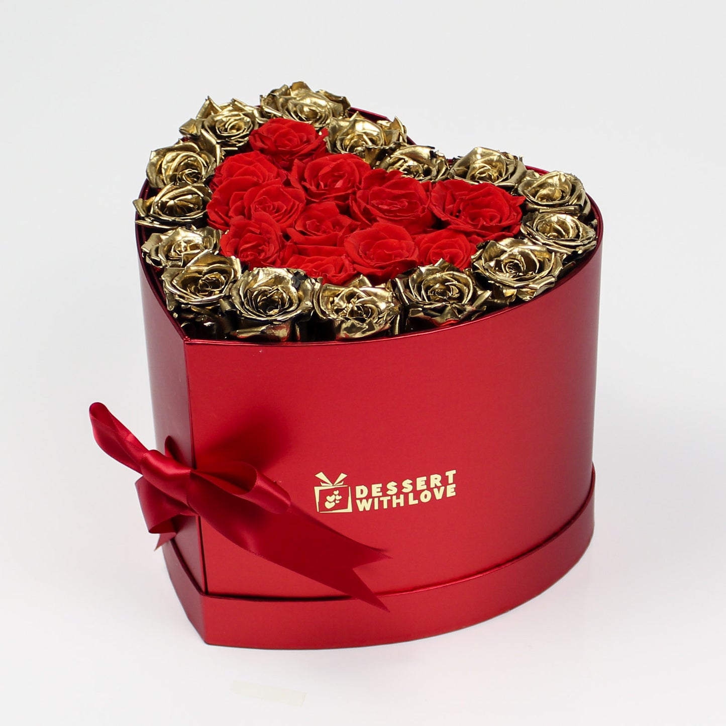 DUAL LAYER RED HEART BOX | RED & GOLD ROSES