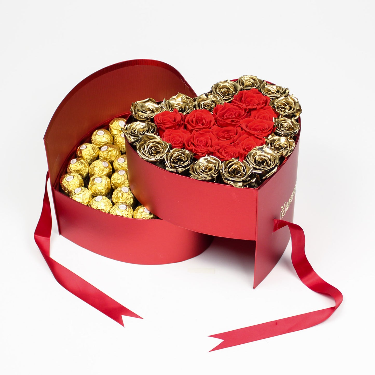 DUAL LAYER RED HEART BOX | RED & GOLD ROSES