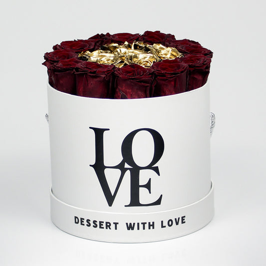 WHITE ROUND BOX | LOVE THEME | DARK RED & GOLD ROSES